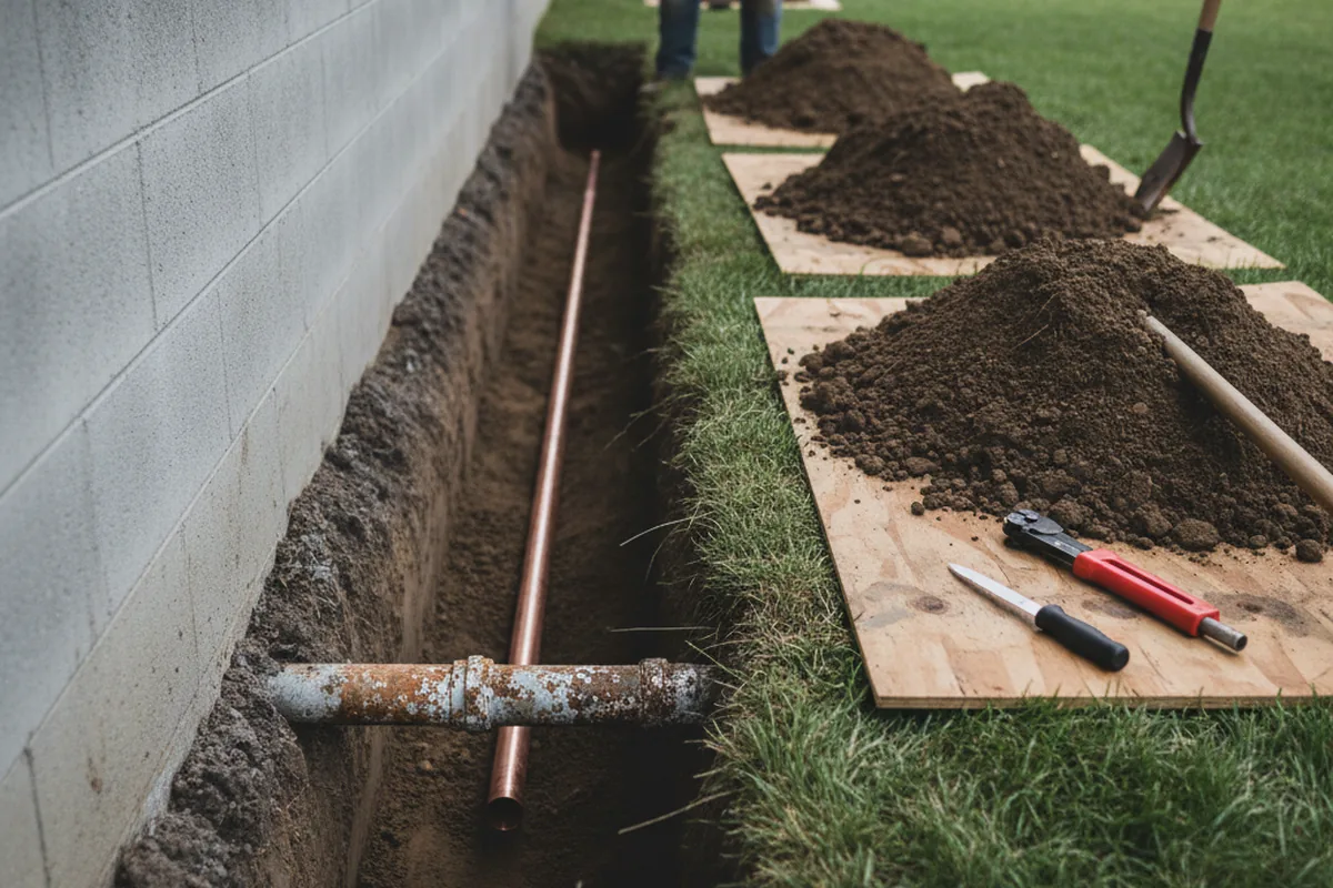 Excavated water line trench during Water Softener Installation in Greentown